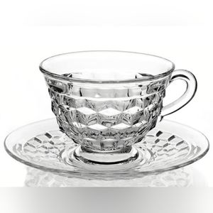 Fostoria American Clear Footed Cup and Saucer set, cubist pattern glassware